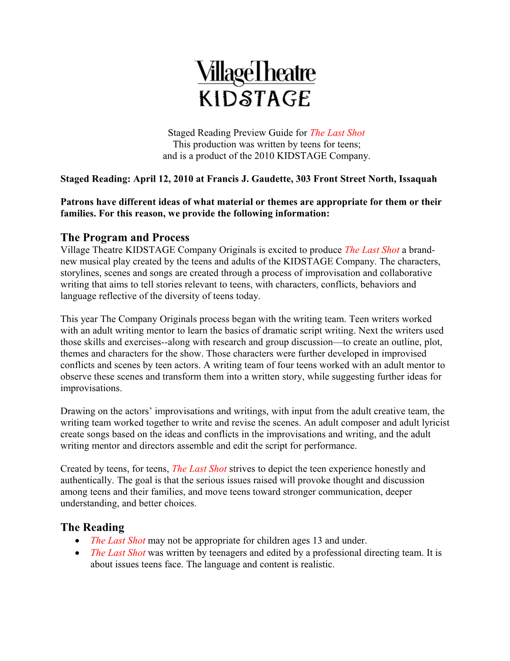 Staged Reading Preview Guide for the Last Shot