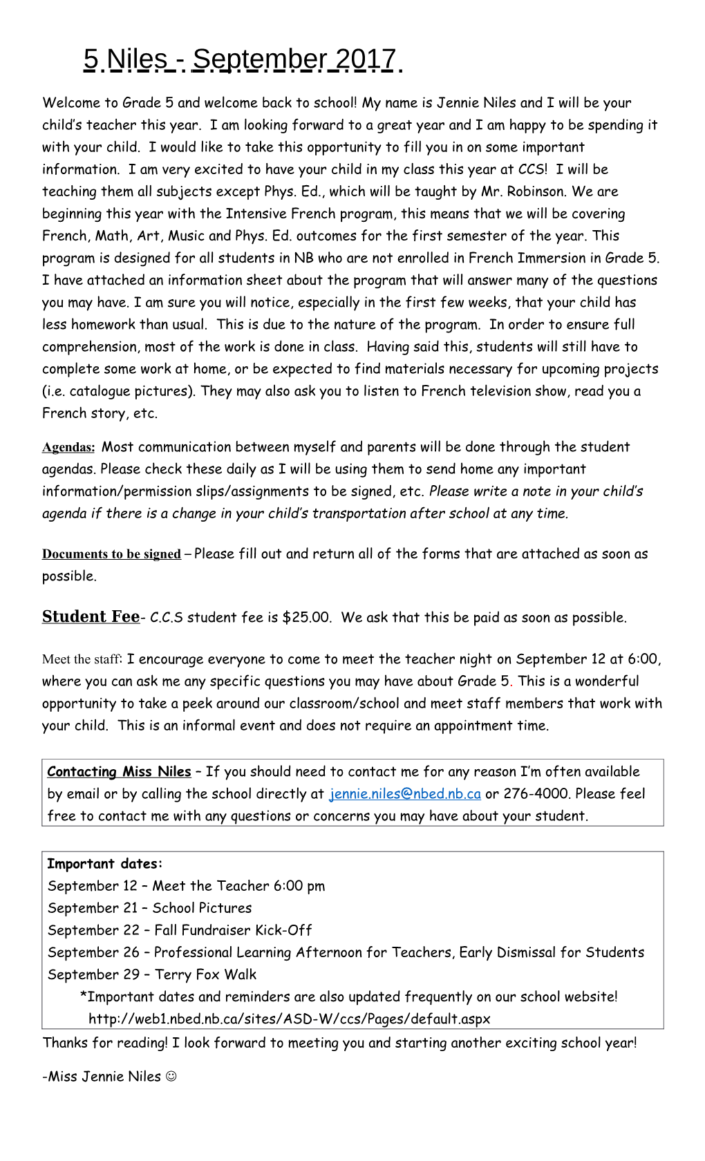 Student Fee- C.C.S Student Fee Is $25.00. We Ask That This Be Paid As Soon As Possible