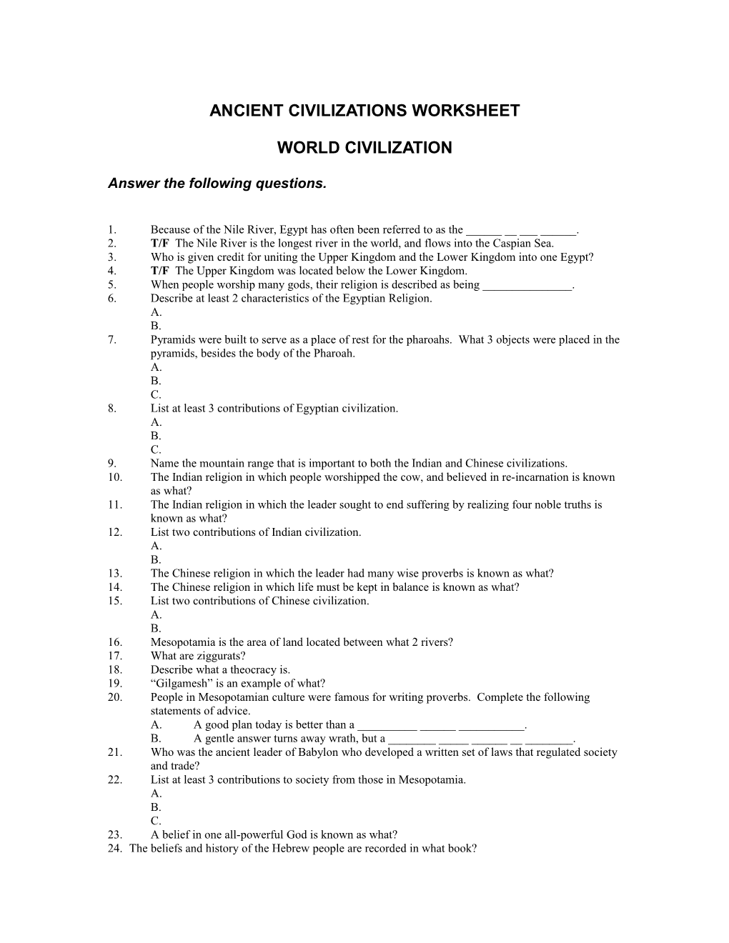 Ancient Civilizations Worksheet