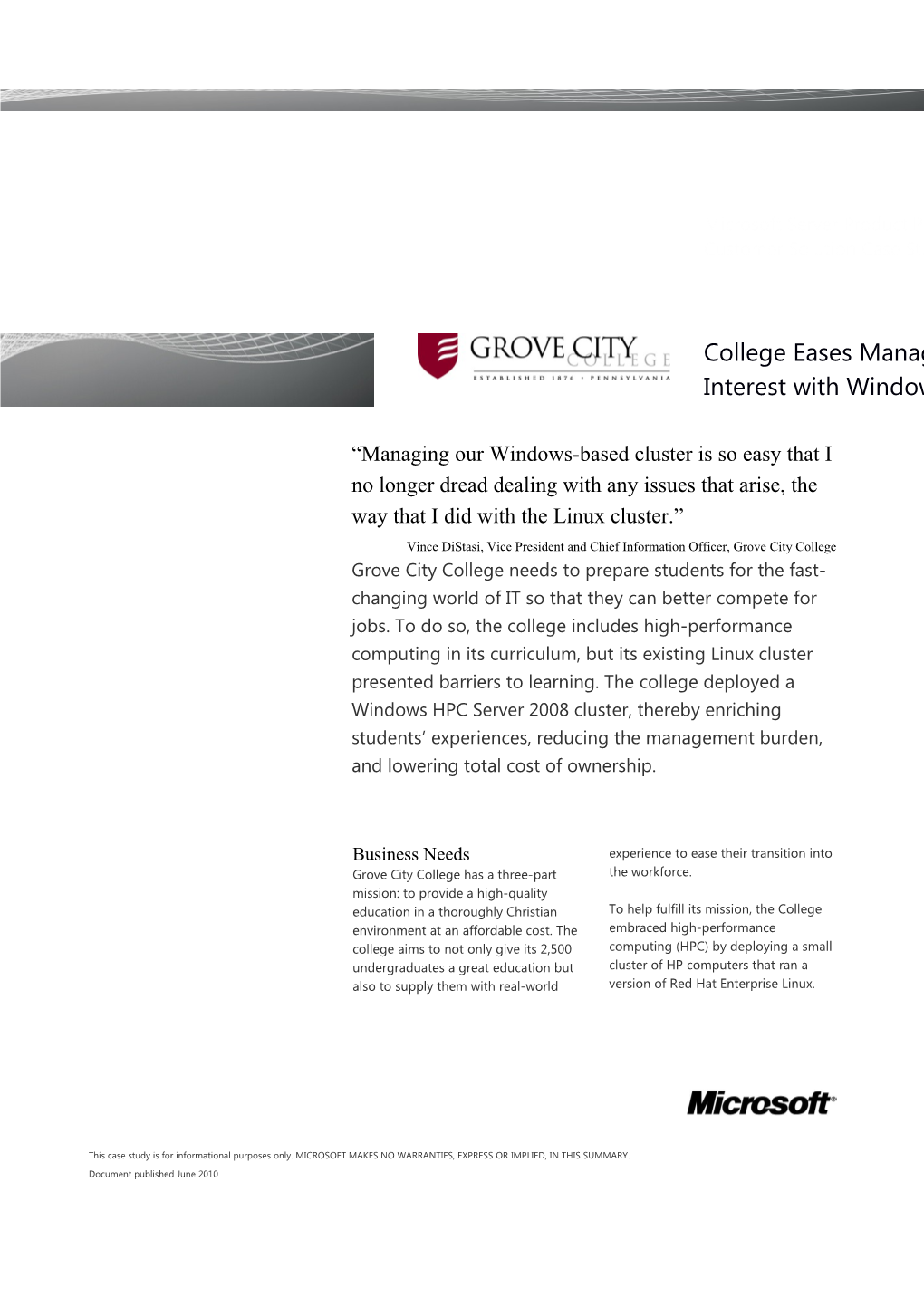 College Eases Management, Fosters Student Interest with Windows HPC Server 2008