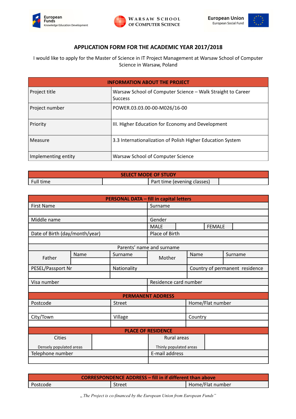 Application Form for the Academic Year 2017/2018