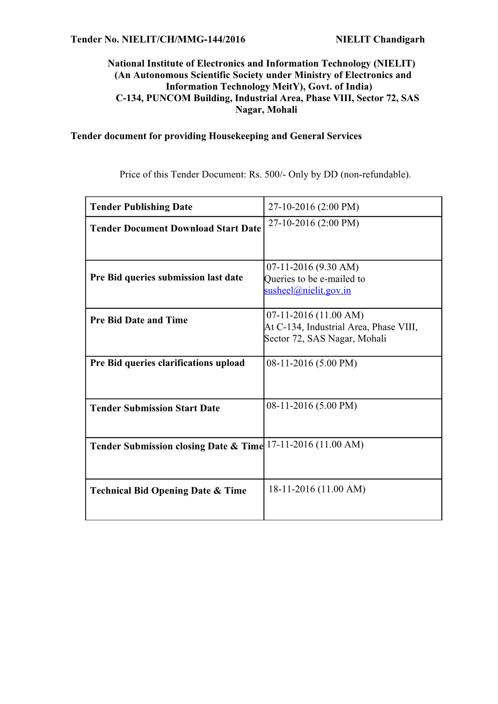 Tender No. NIELIT/CH/MMG-144/2016 NIELIT Chandigarh