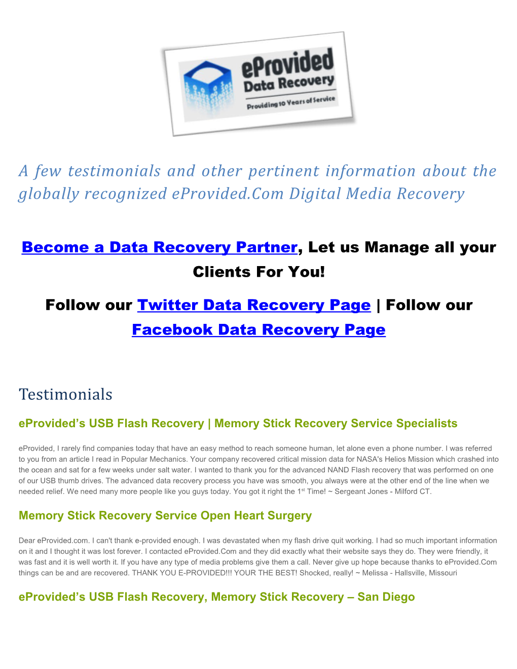 Eprovided's USB Flash Recovery, Memory Stick Recovery Service