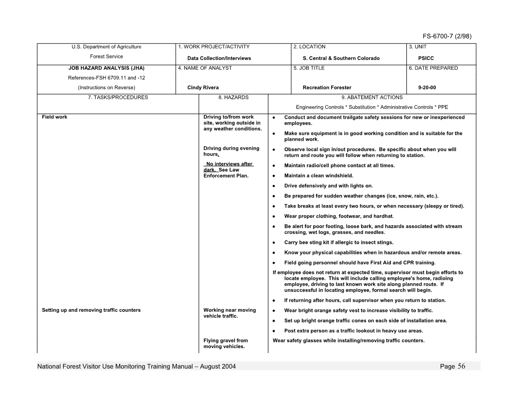 National Forest Visitor Use Monitoring Training Manual August 2004 Page 1