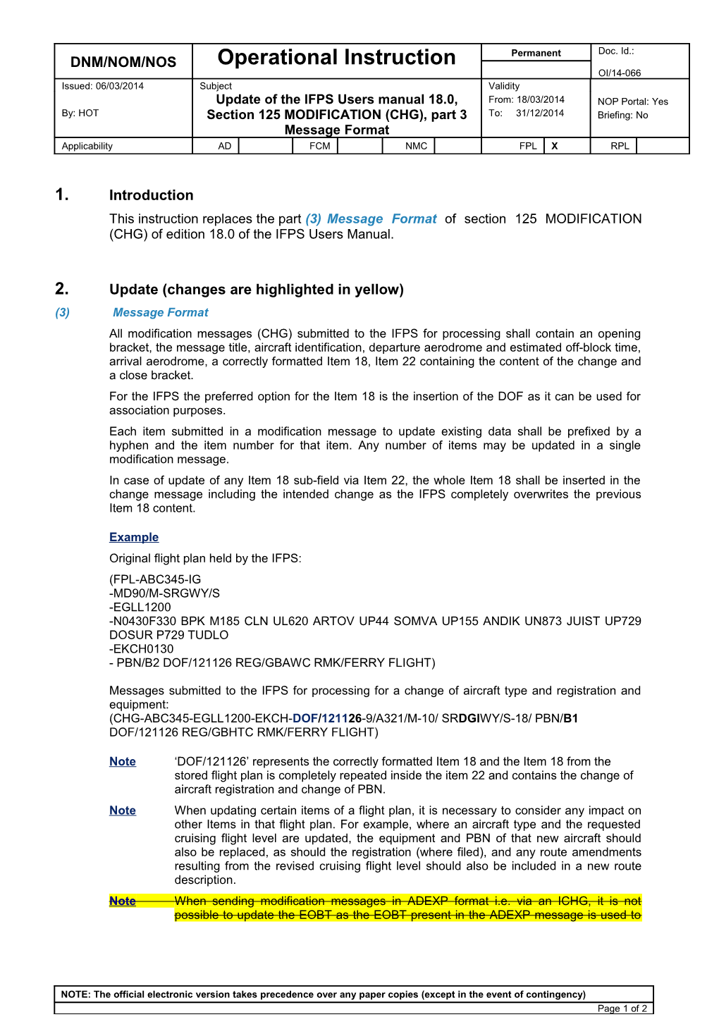 Update of the IFPS Users Manual 18.0, Section 125 MODIFICATION (CHG), Part 3 Message Format