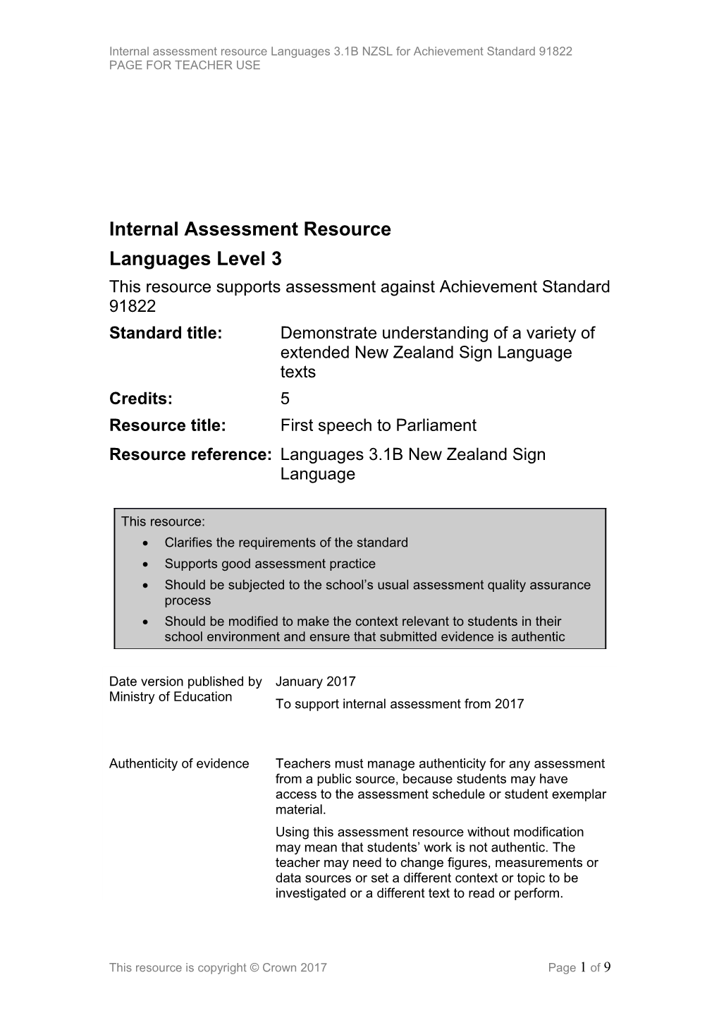 Level 3 Languages NZSL Internal Assessment Resource