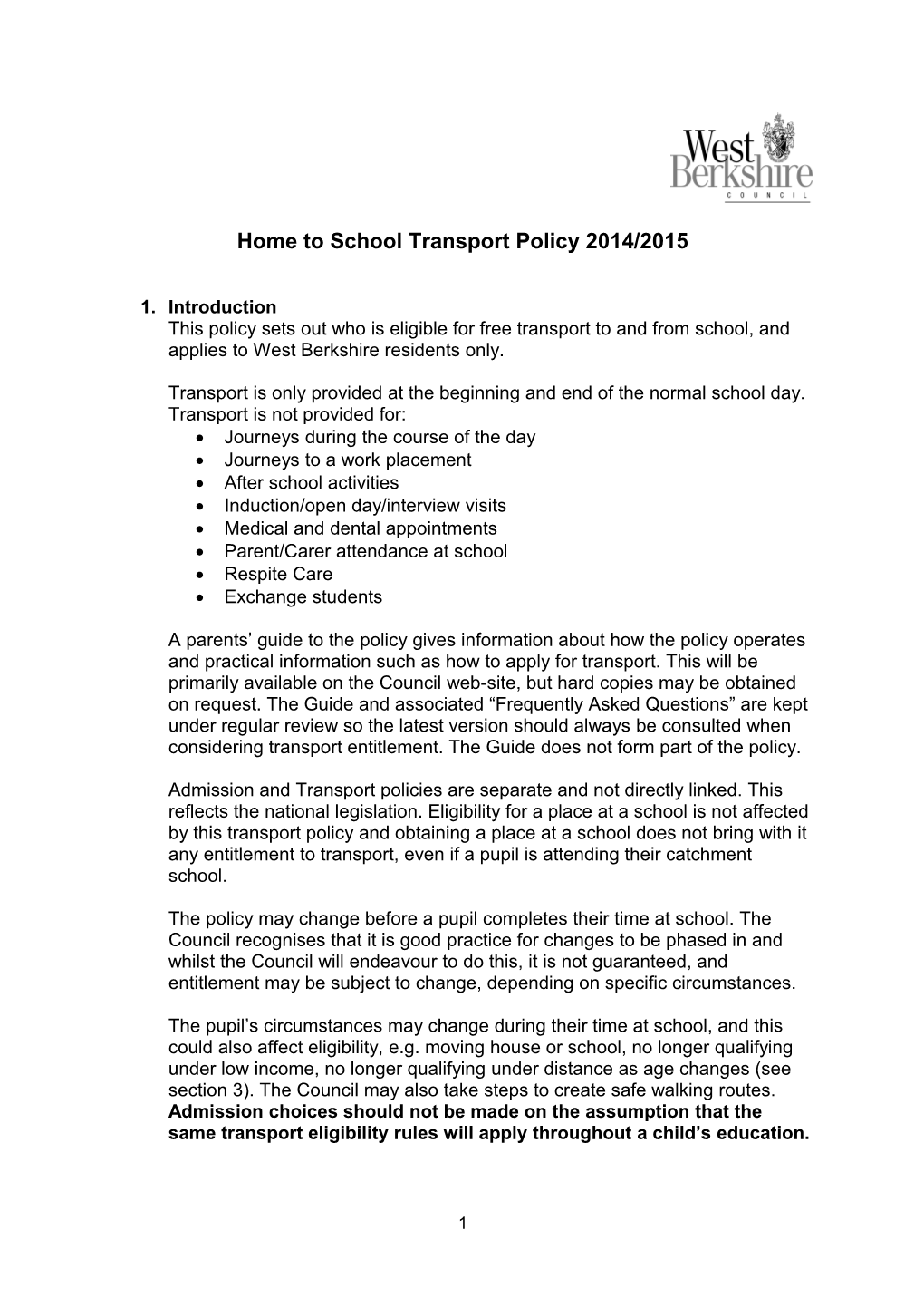 Home to School Transport Policy