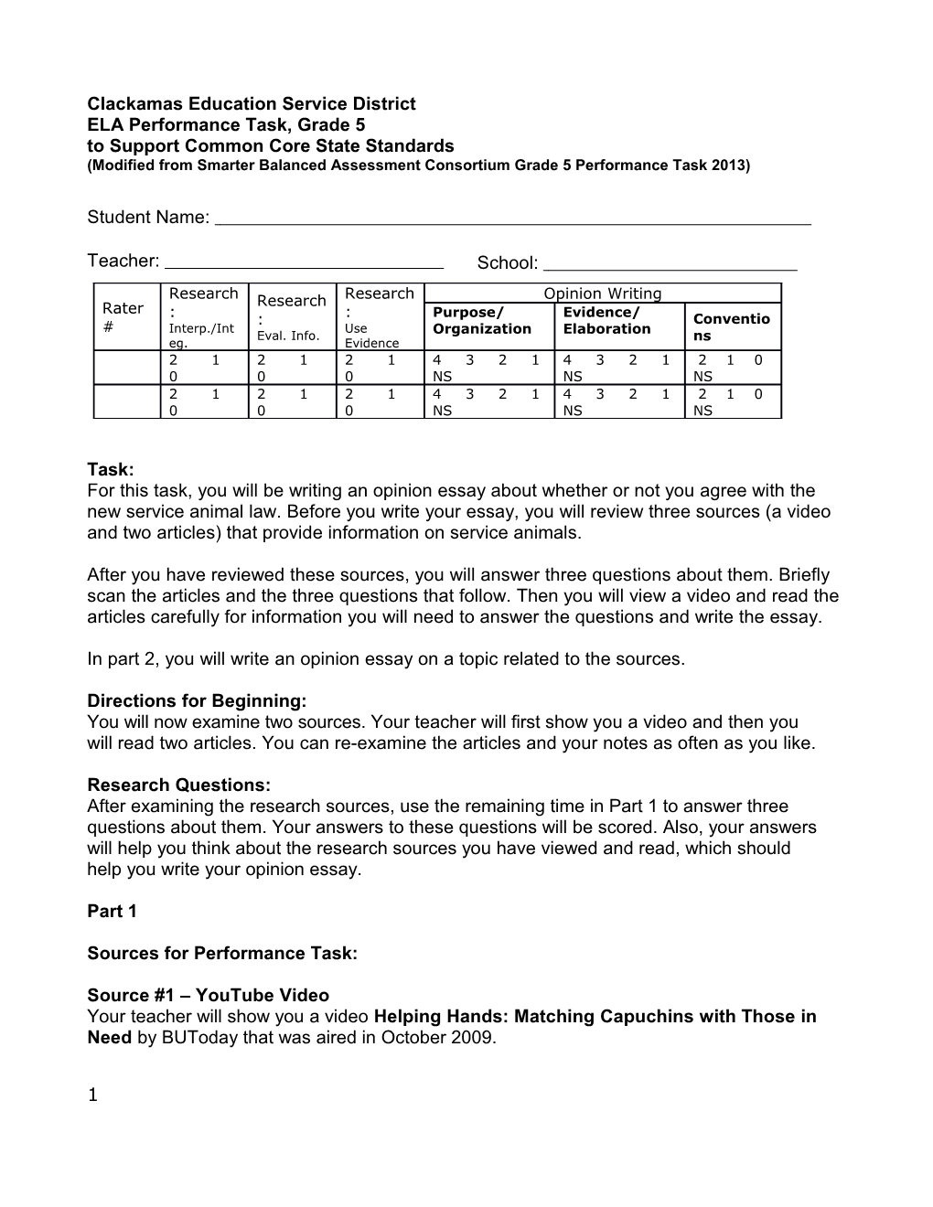 ELA Performance Task, Grade 5