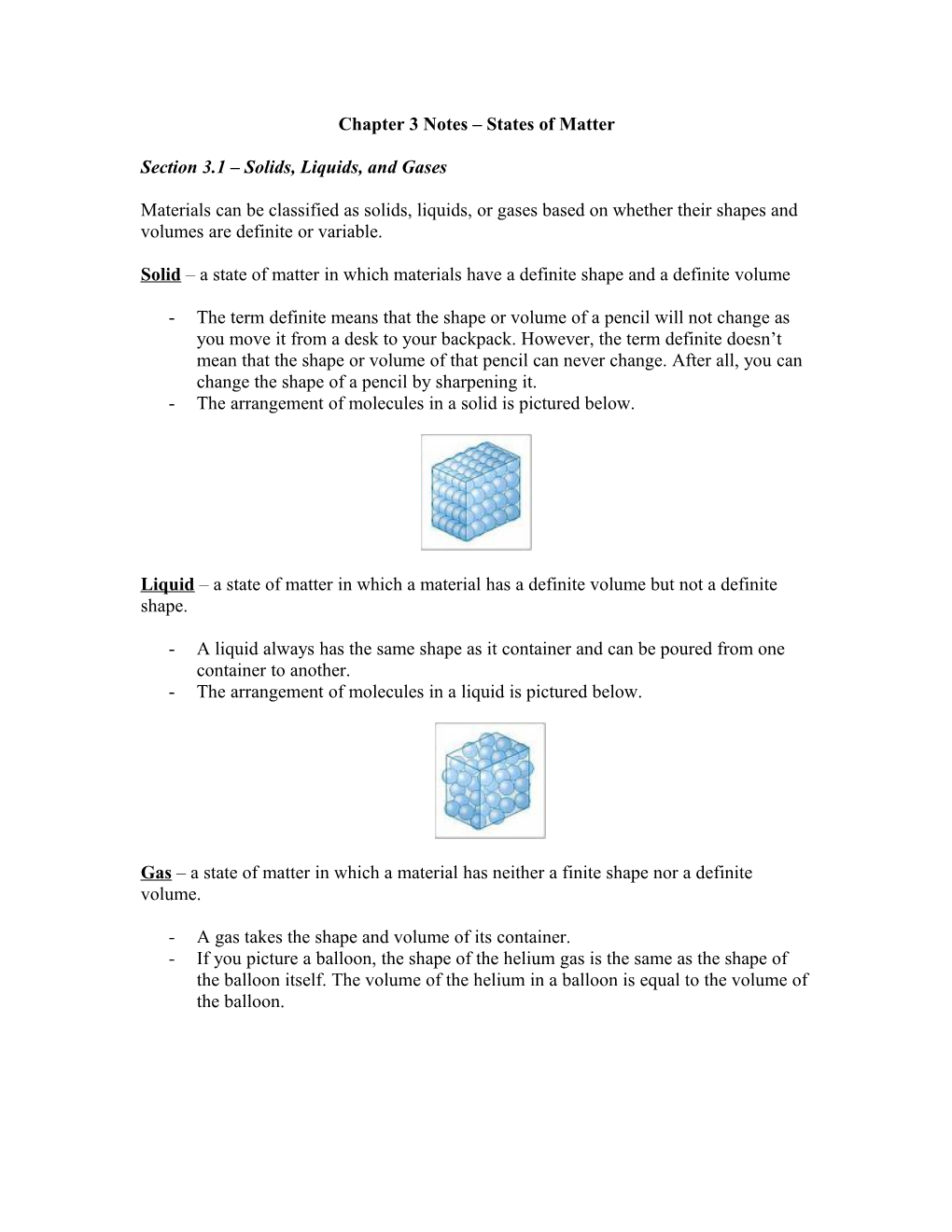 Chapter 3 Notes States of Matter