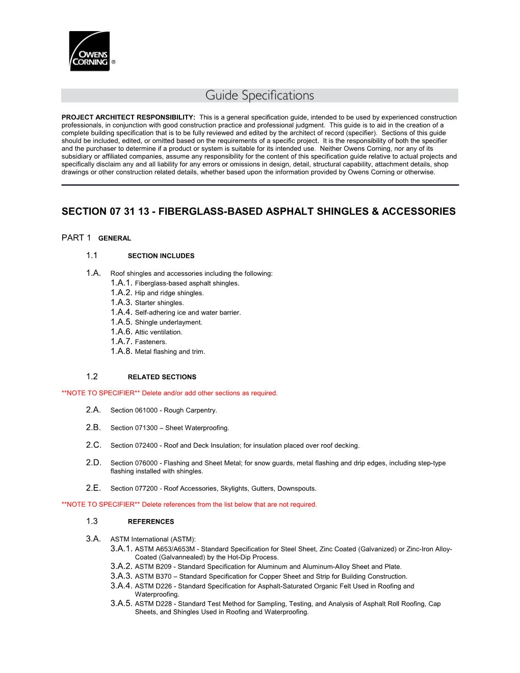 Section 073113 - Fiberglass-Based Asphalt Shingles