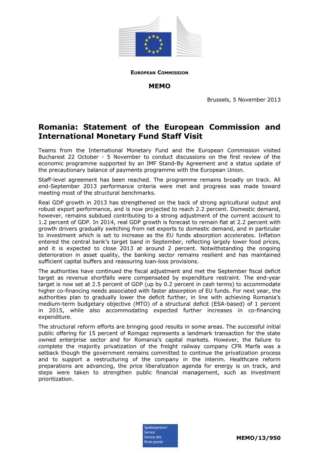 Romania: Statement of the European Commission and International Monetary Fund Staff Visit