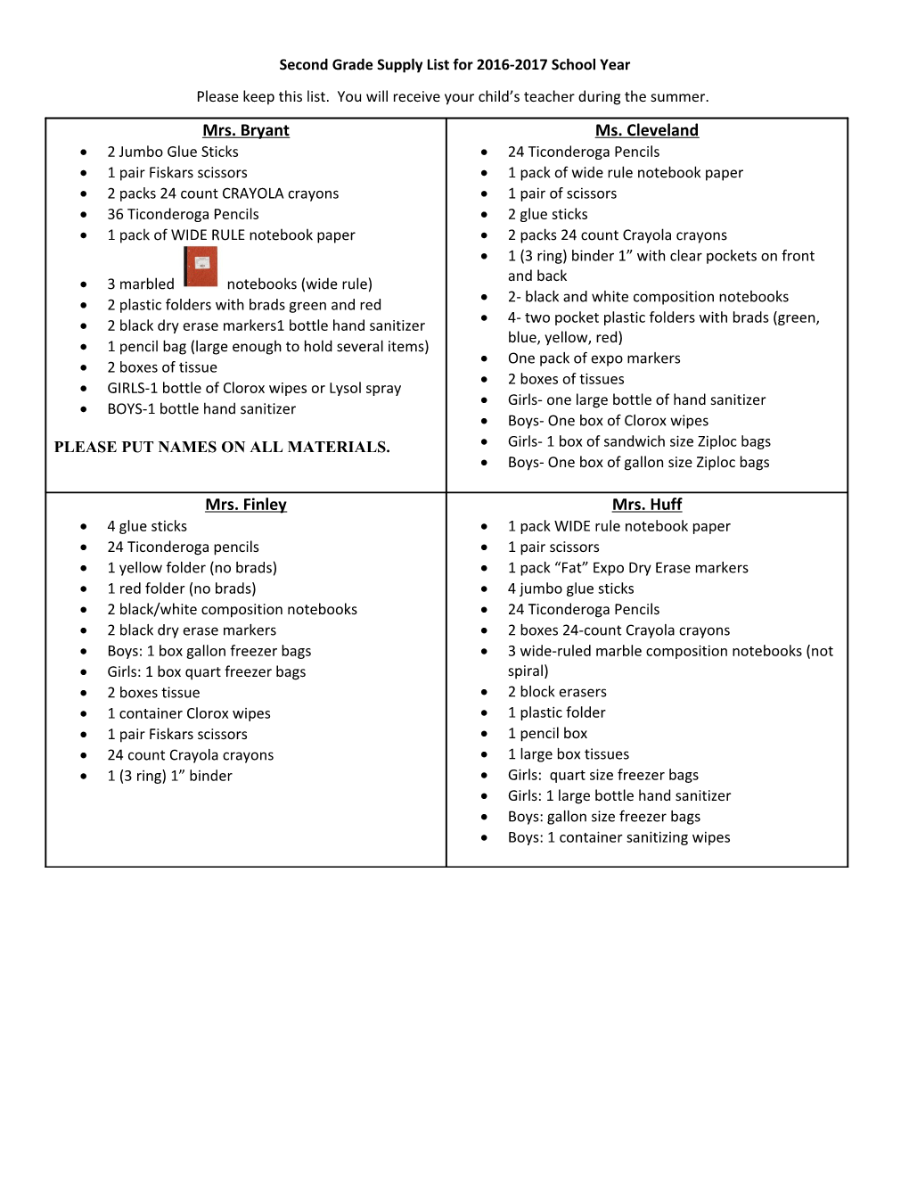 Second Grade Supply List for 2016-2017 School Year
