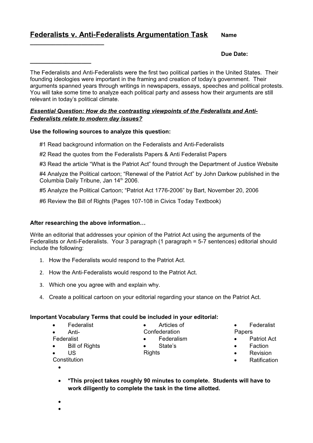 Social Studies Civics & Economics Argumentation Task