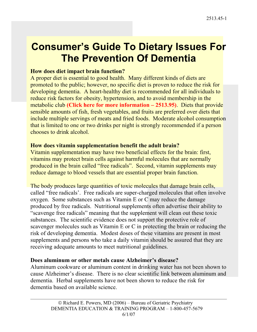 Consumer S Guide to Dietary Issues for the Prevention of Dementia