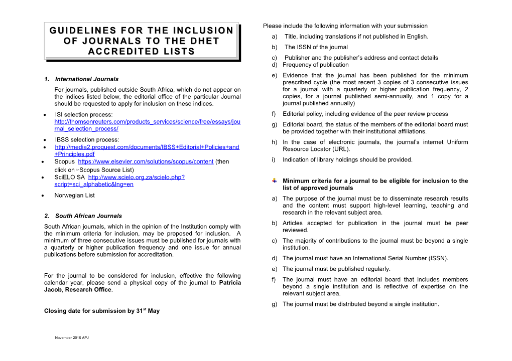 Guidelines for the Inclusion of Journals to the DHET Accredited Lists