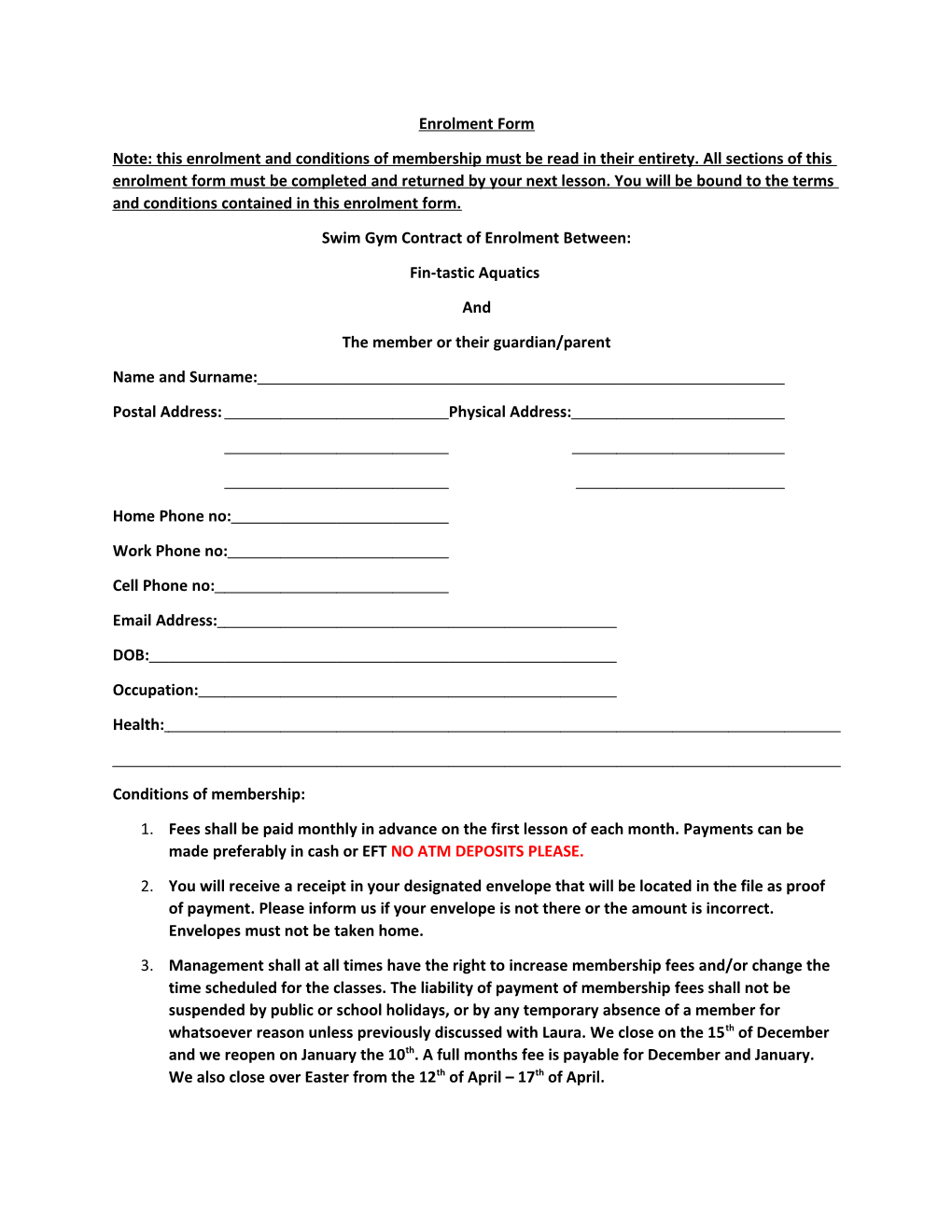 Swim Gym Contract of Enrolment Between