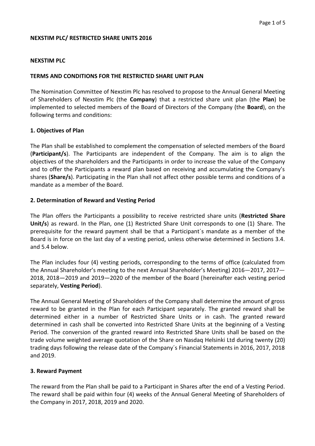 Nexstim Plc/ Restricted Share Units 2016