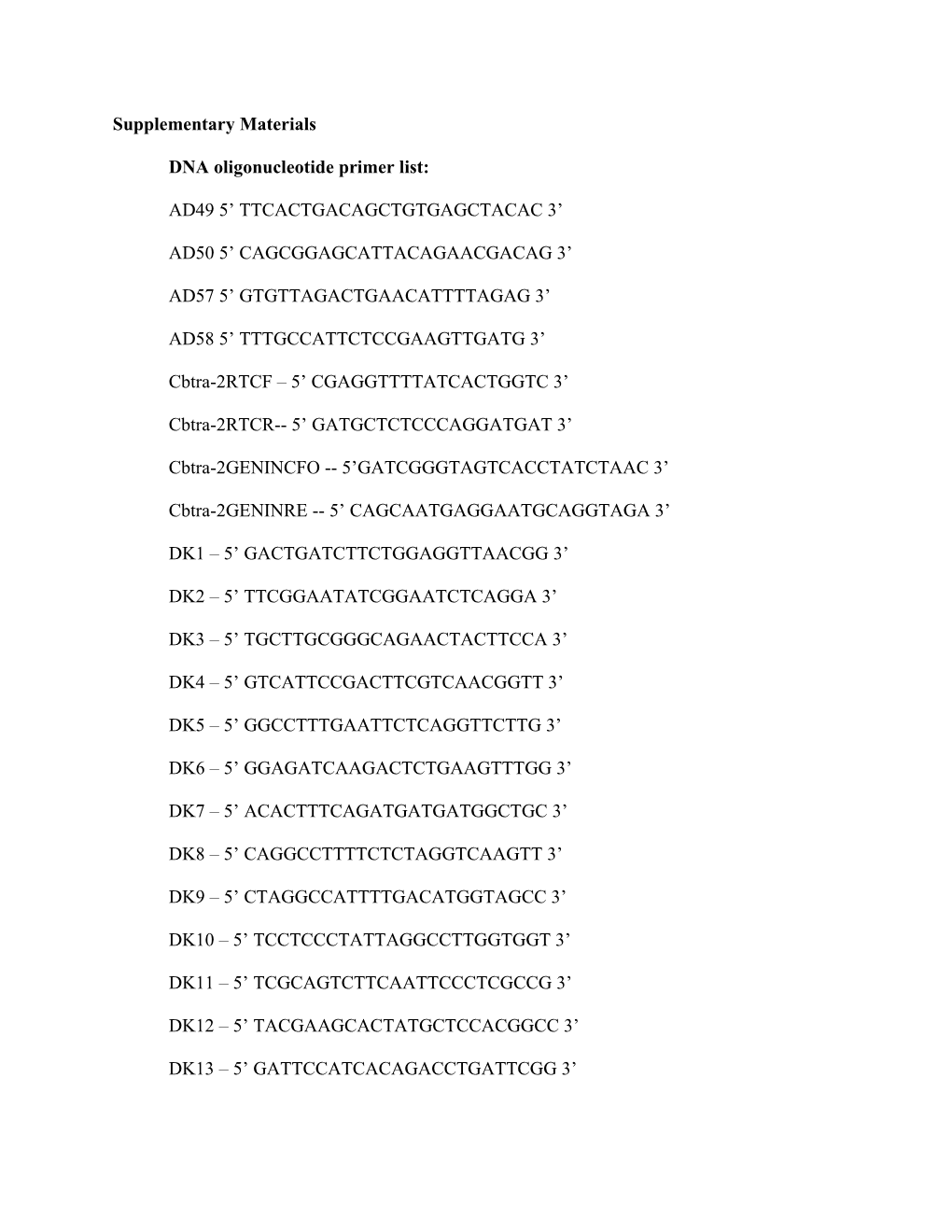 DNA Oligonucleotide Primer List