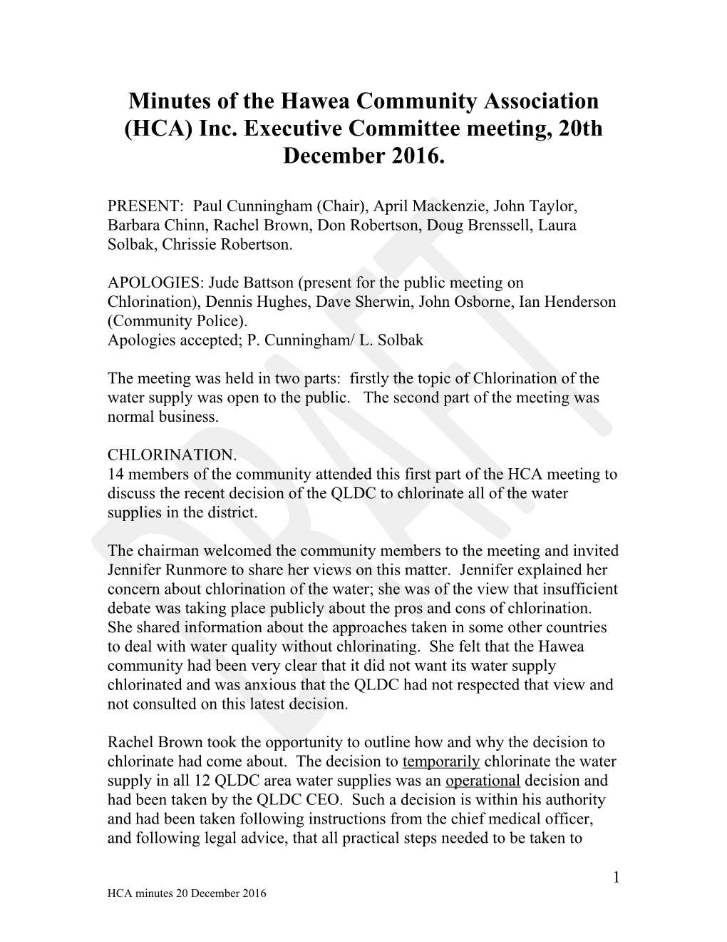Draft Minutes of HCA Meeting, Held on 18Th October 2016