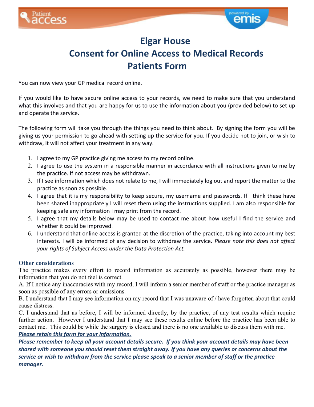 Consent for Online Access to Medical Records