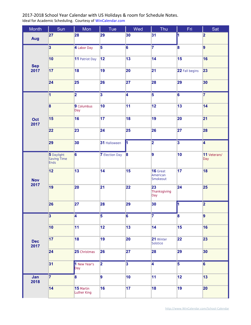 2017-2018 School Year Calendar with US Holidays