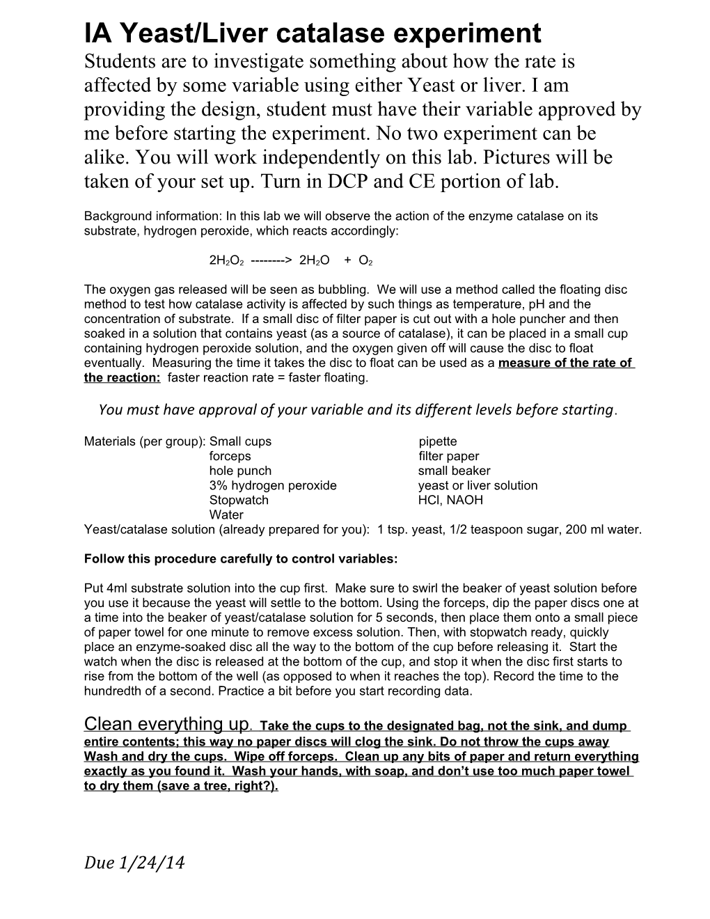 Yeast Catalase Experiment