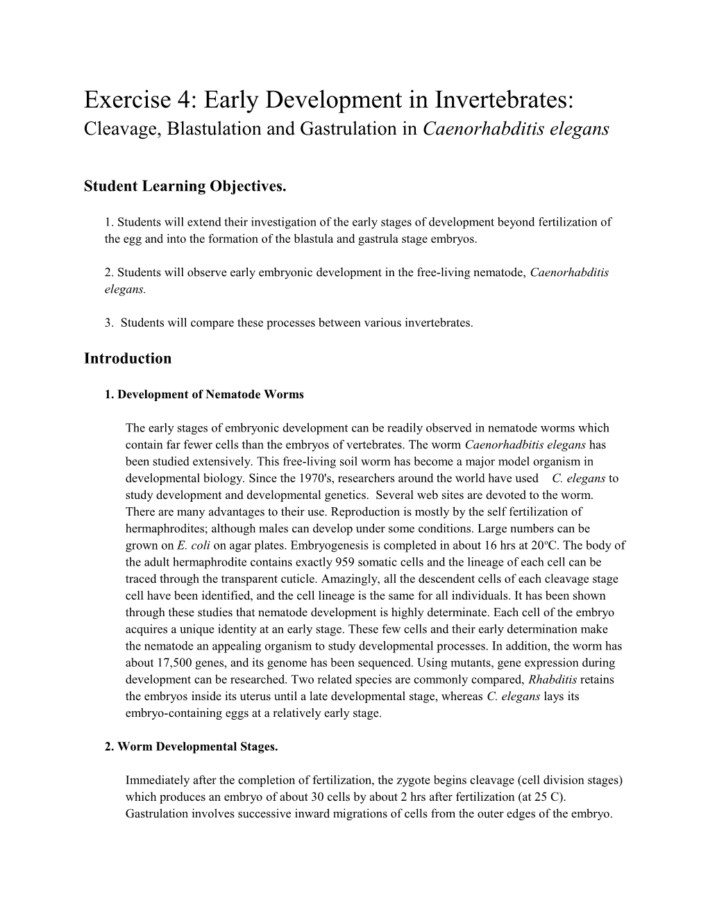 Exercise 4: Early Development in Invertebrates: Cleavage, Blastulation and Gastrulation