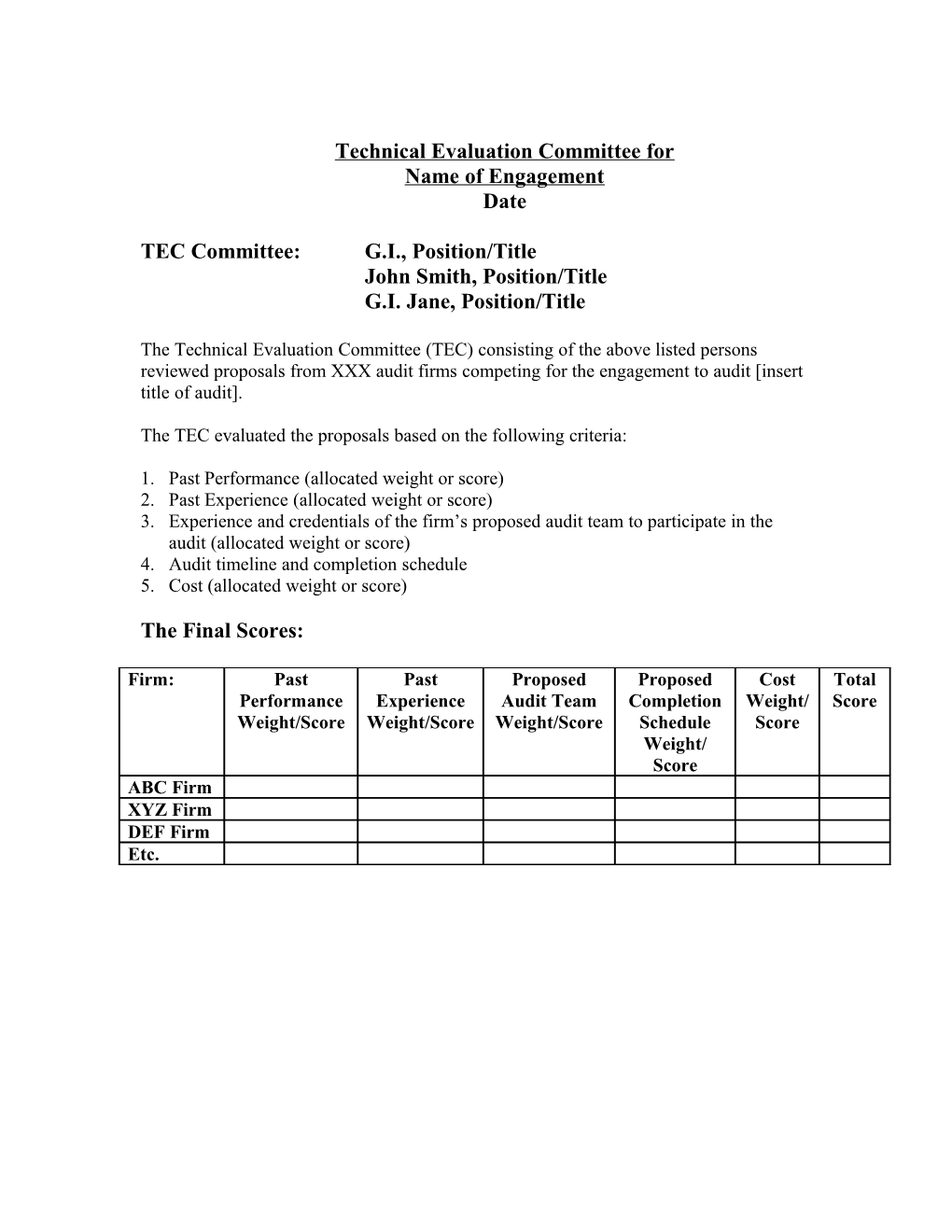 TEC Evaluation of the Video Production Proposals