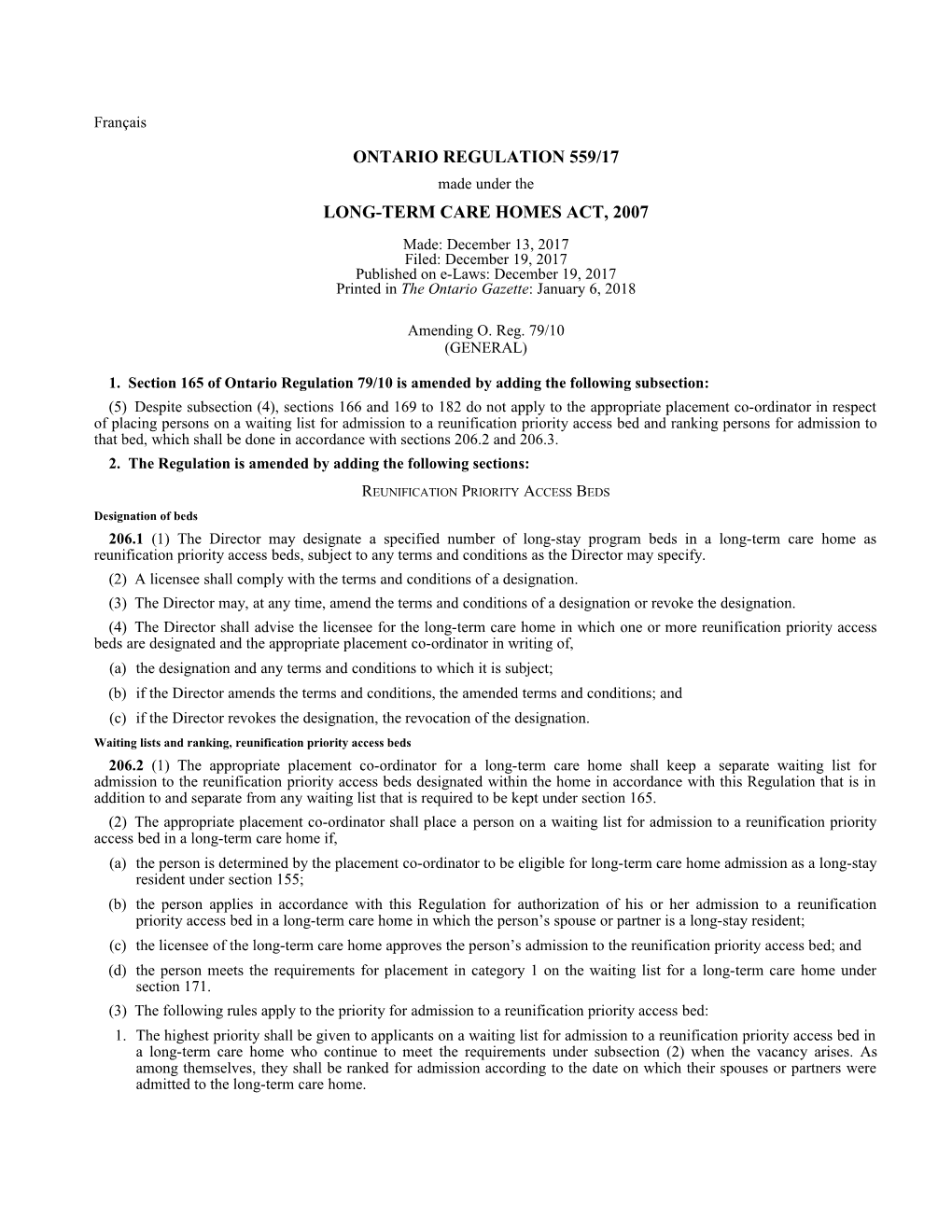 LONG-TERM CARE HOMES ACT, 2007 - O. Reg. 559/17