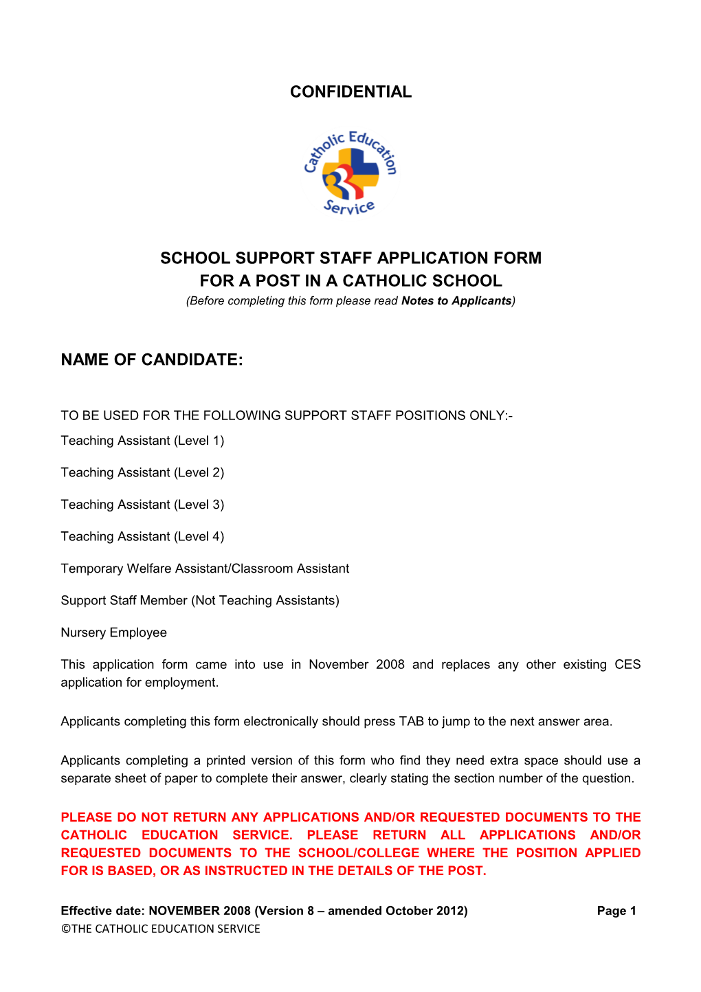 School Support Staff Application Form for a Post in a Catholicschool