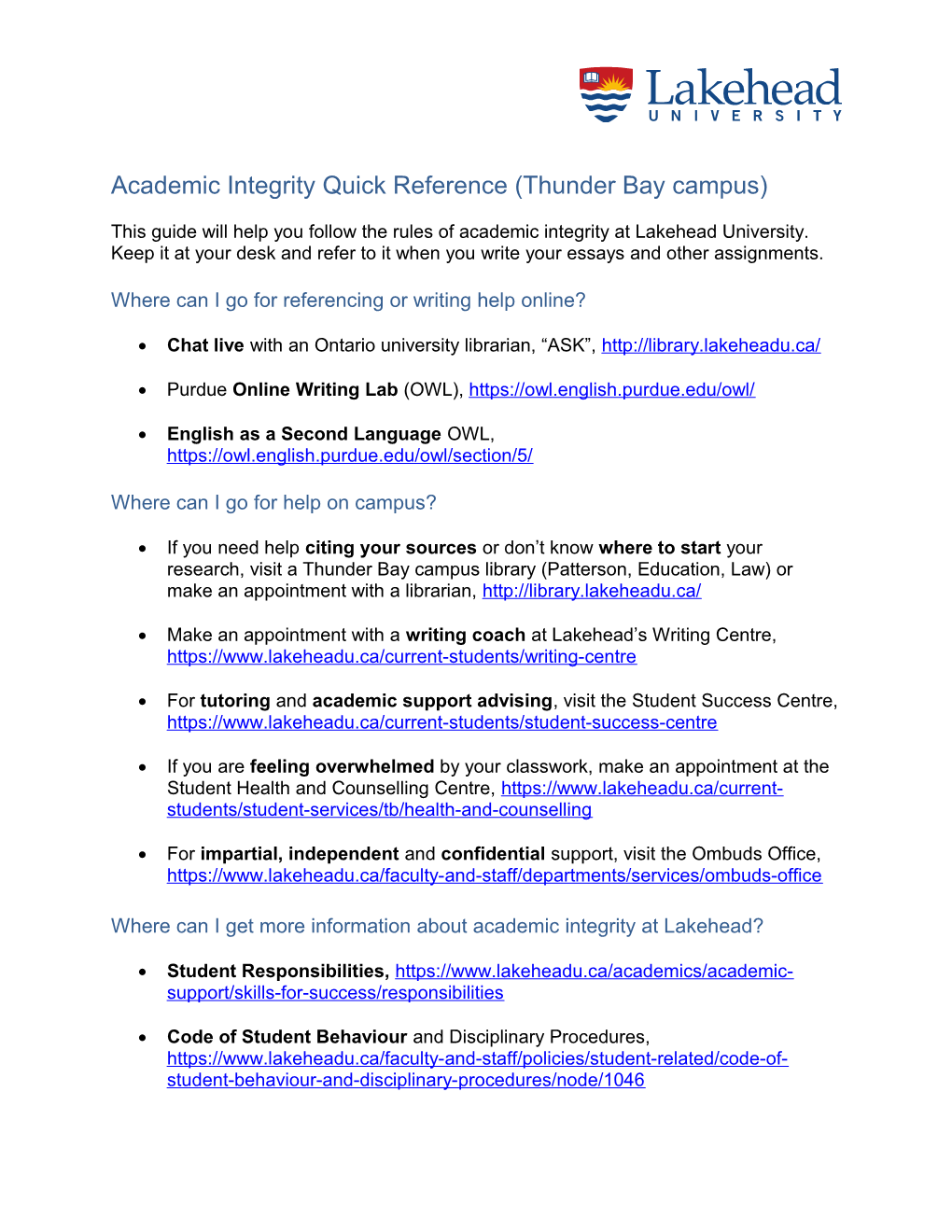 Academic Integrity Quick Reference (Thunder Bay Campus)