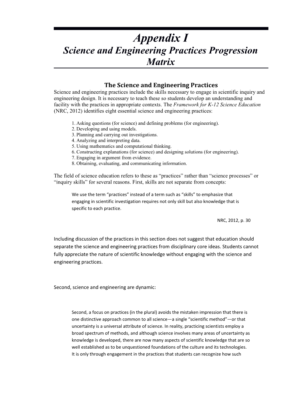 Appendix I: Science and Engineering Practices Progression Matrix