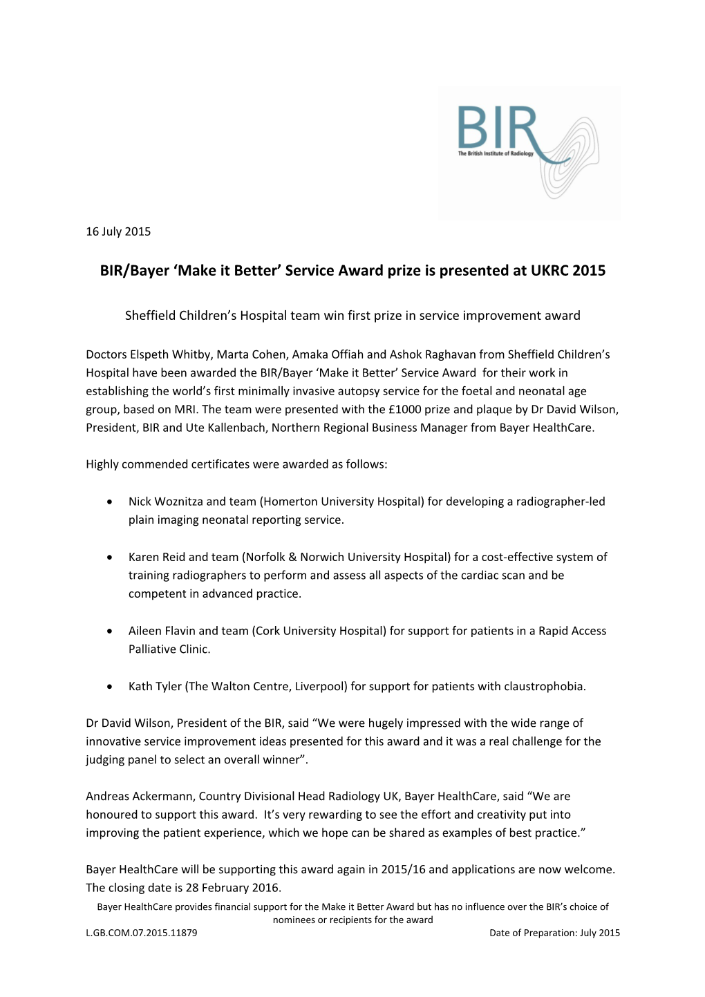 BIR/Bayer Make It Better Service Award Prize Is Presented at UKRC 2015
