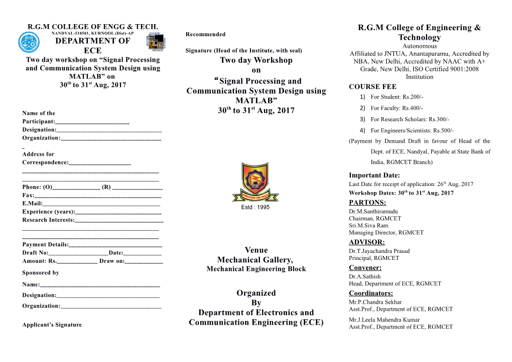 Two Day Workshop on Signal Processing and Communication System Design Using MATLAB On