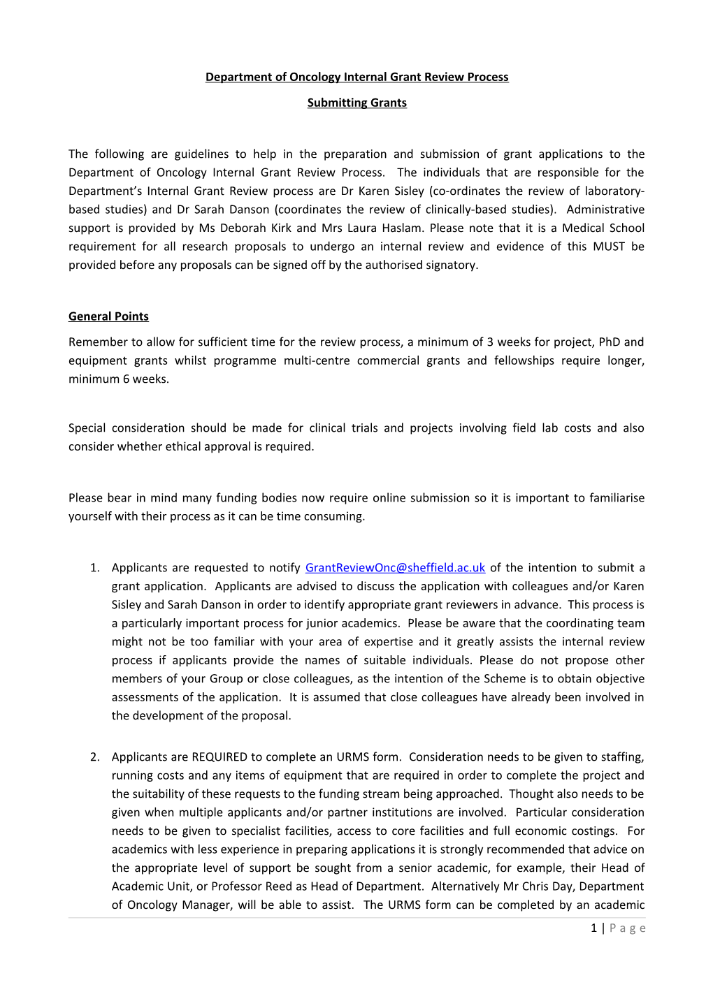 Department of Oncology Internal Grant Review Process