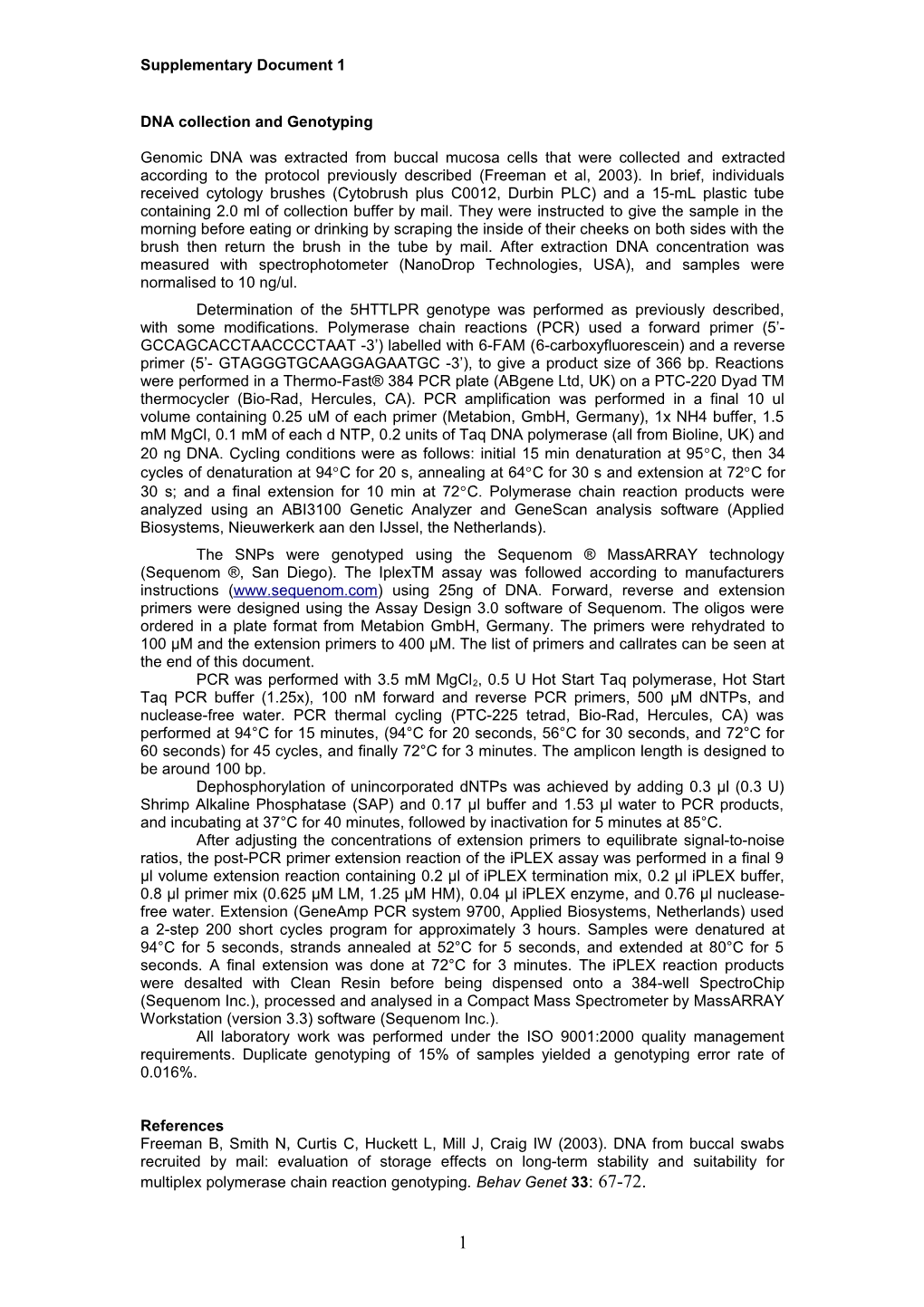 Supplementary Document 1: DNA Collection and Genotyping