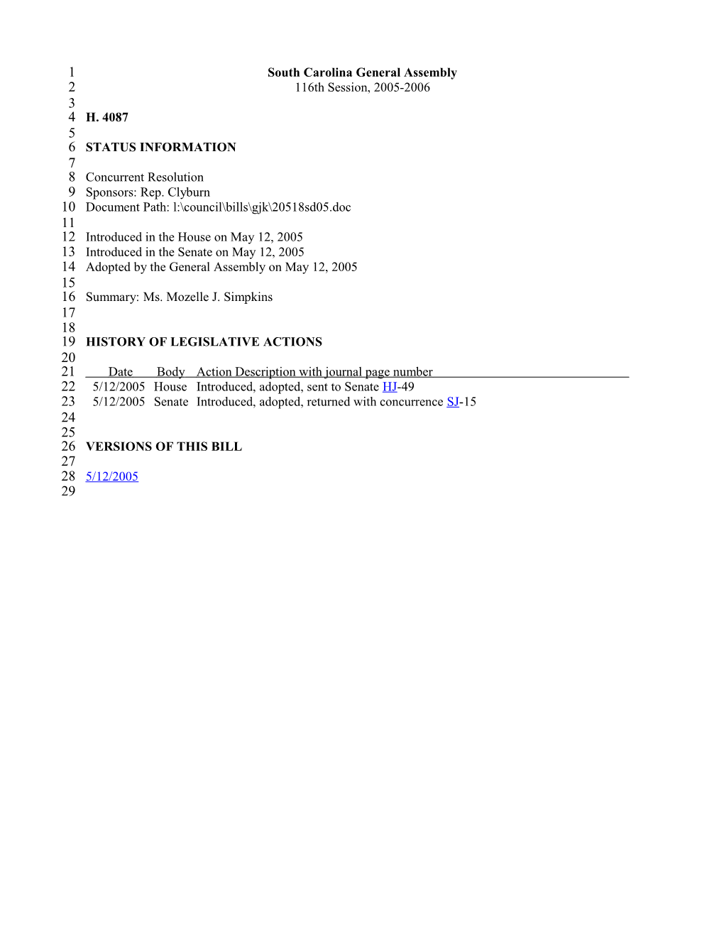 2005-2006 Bill 4087: Ms. Mozelle J. Simpkins - South Carolina Legislature Online