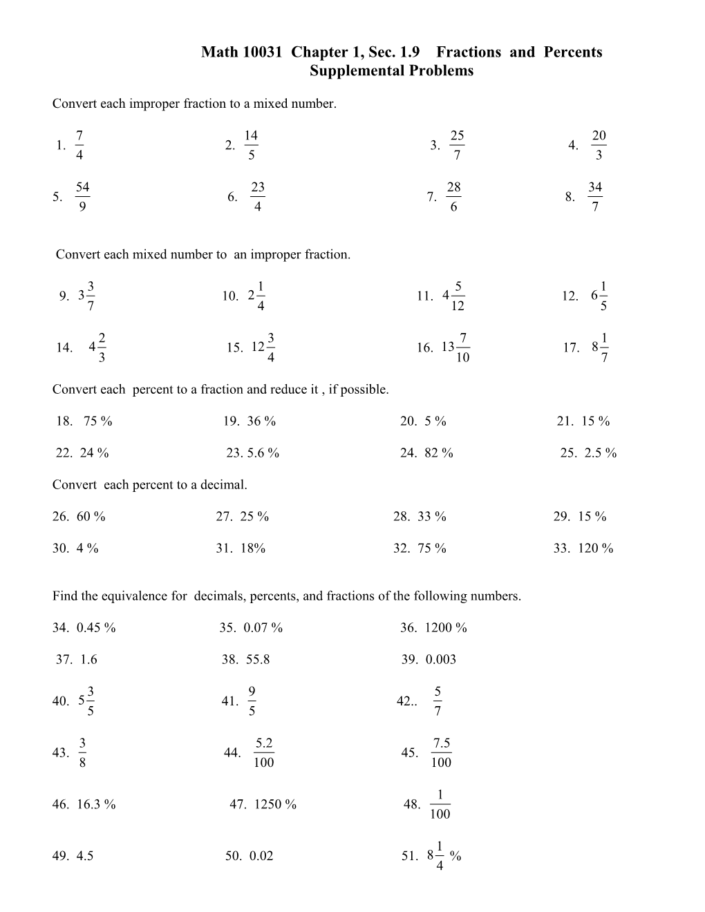 Math 10031 Chapter 1, Sec. 1.9 Fractions and Percents