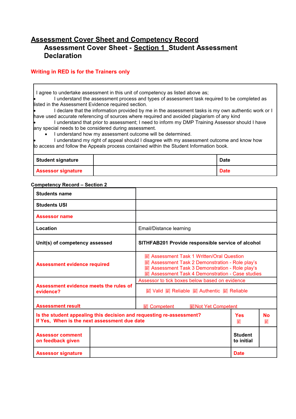Assessment Cover Sheet and Competency Record