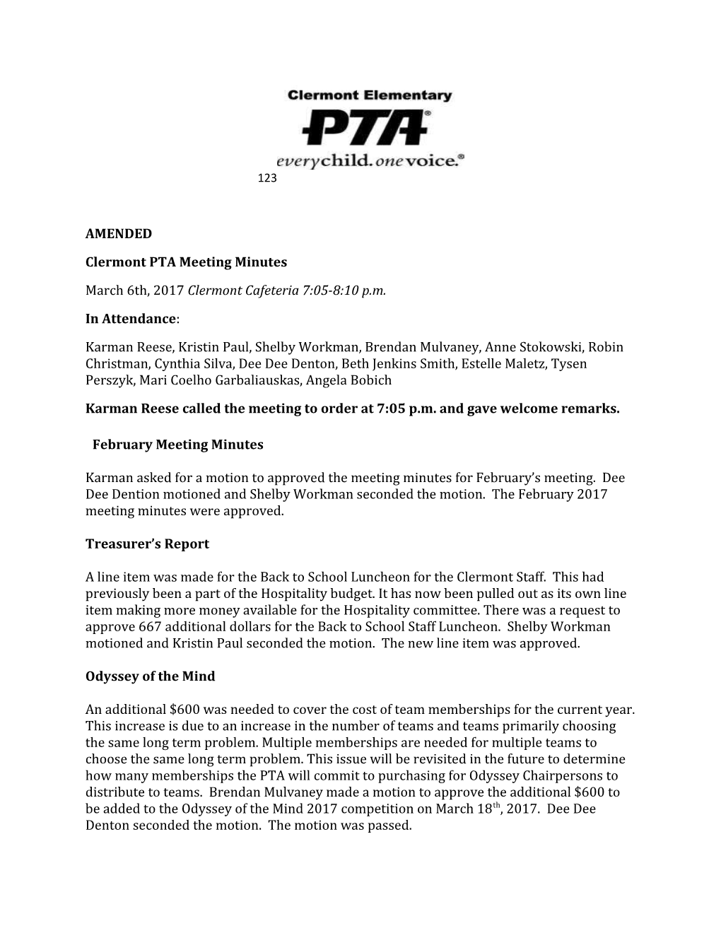 Clermont PTA Meeting Minutes s1