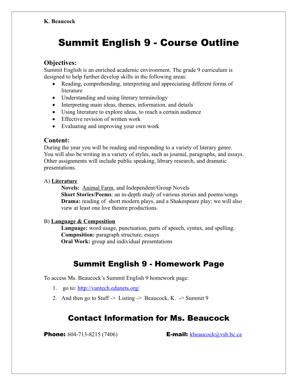 Summit English 9 - Course Outline