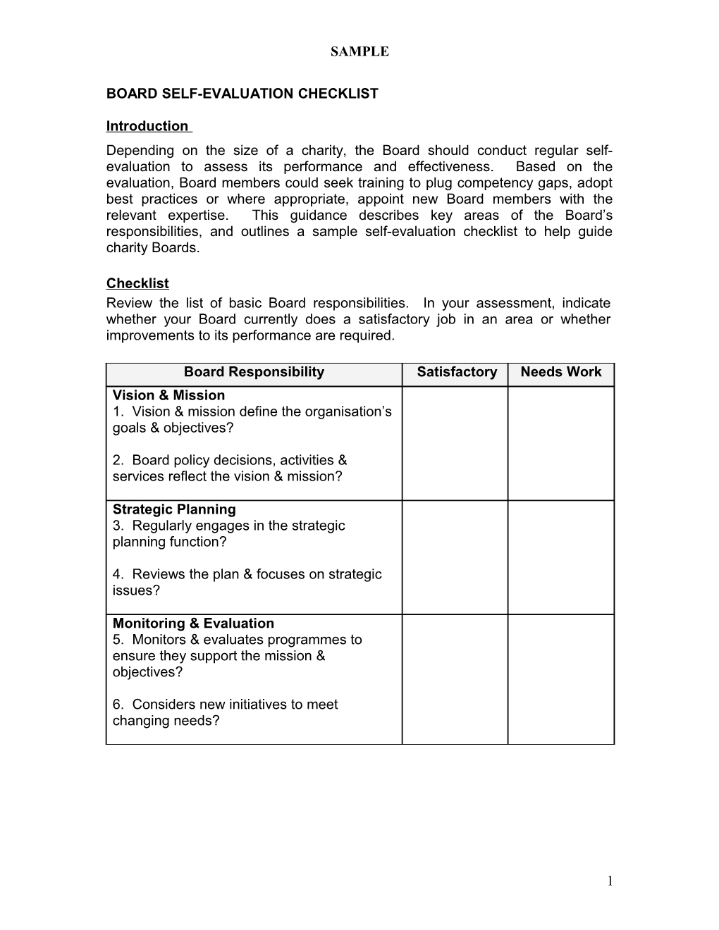 Sample Board Self-Evaluation Checklist