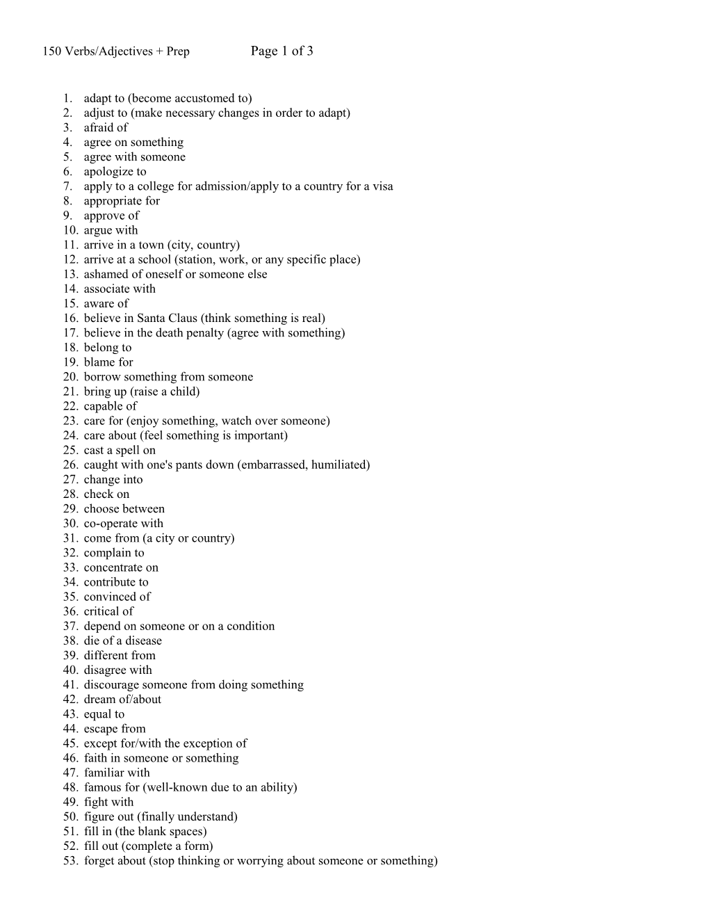 150 Verbs/Adjectives + Preppage 1 of 3