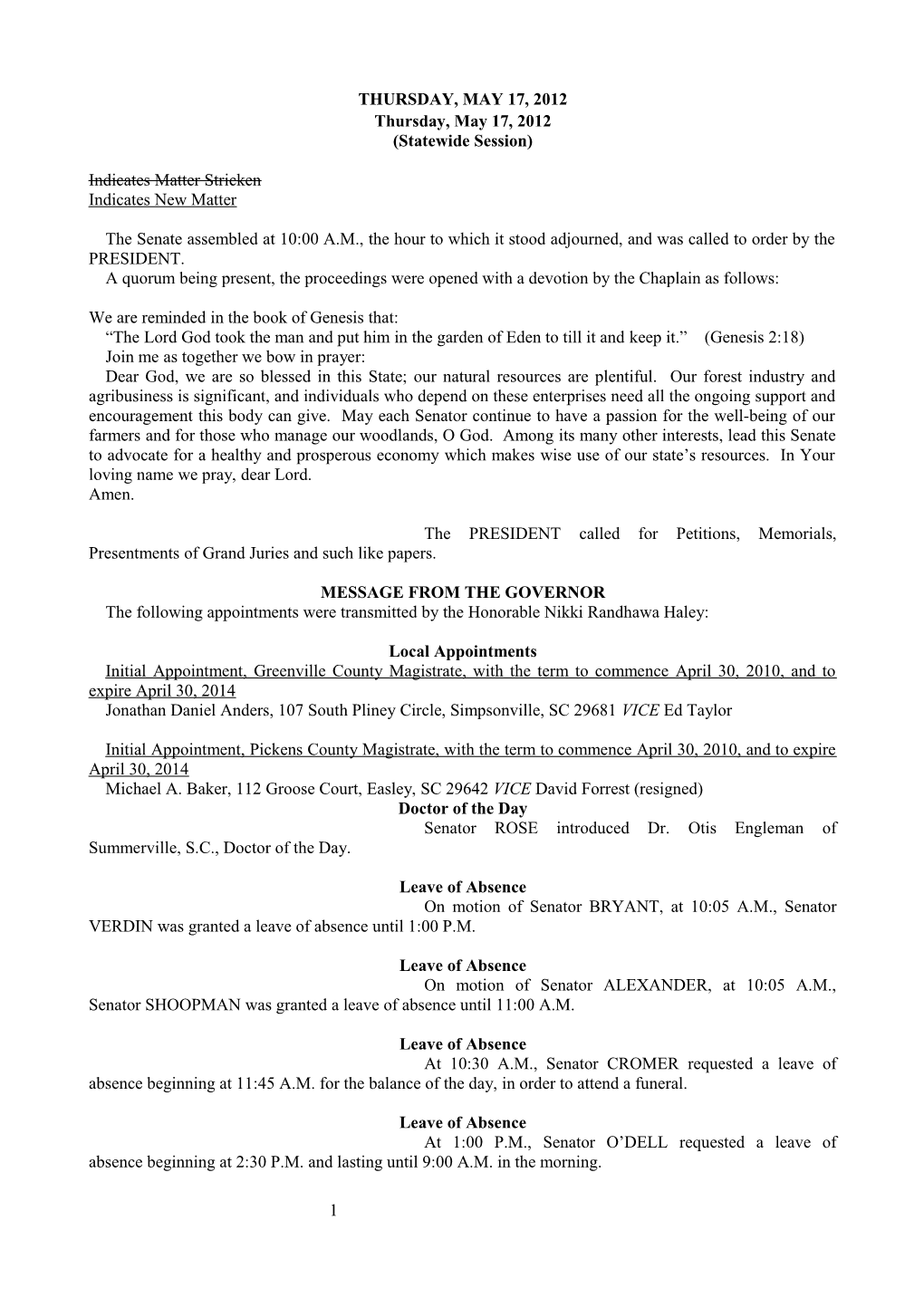 Senate Journal for May 17, 2012 - South Carolina Legislature Online