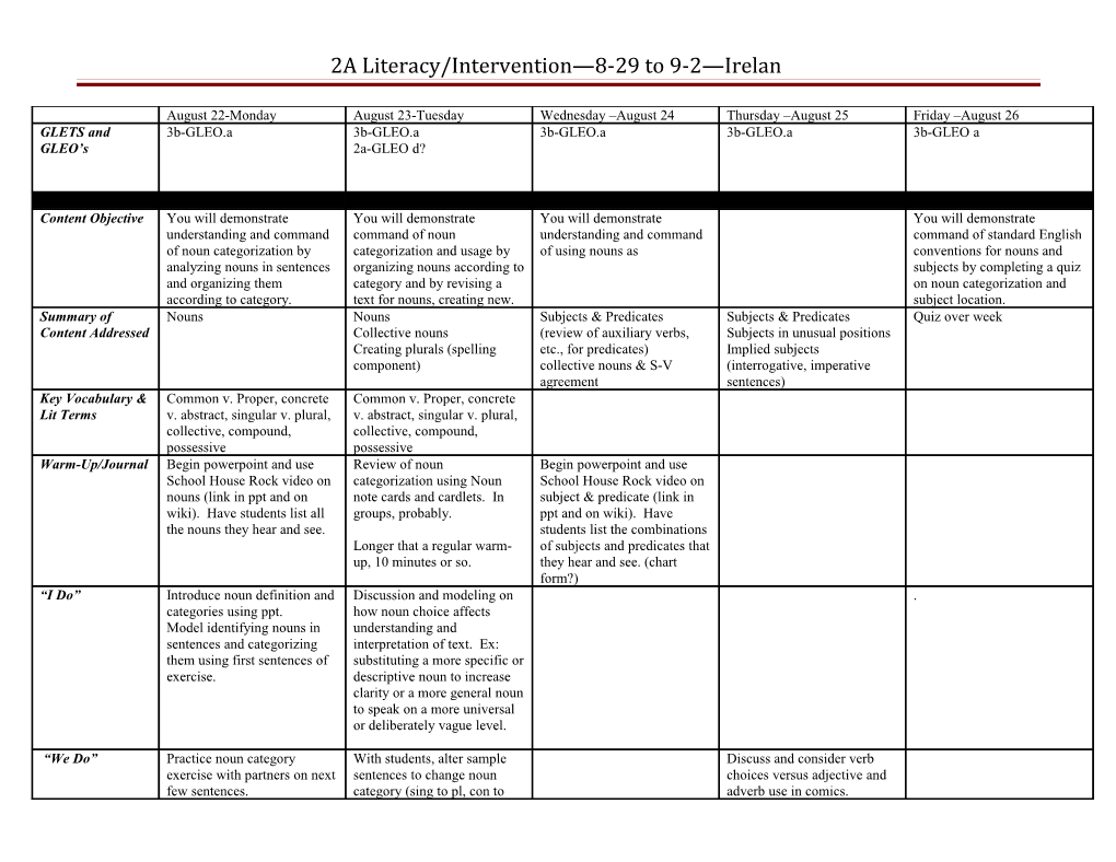 2A Literacy/Intervention 8-29 to 9-2 Irelan