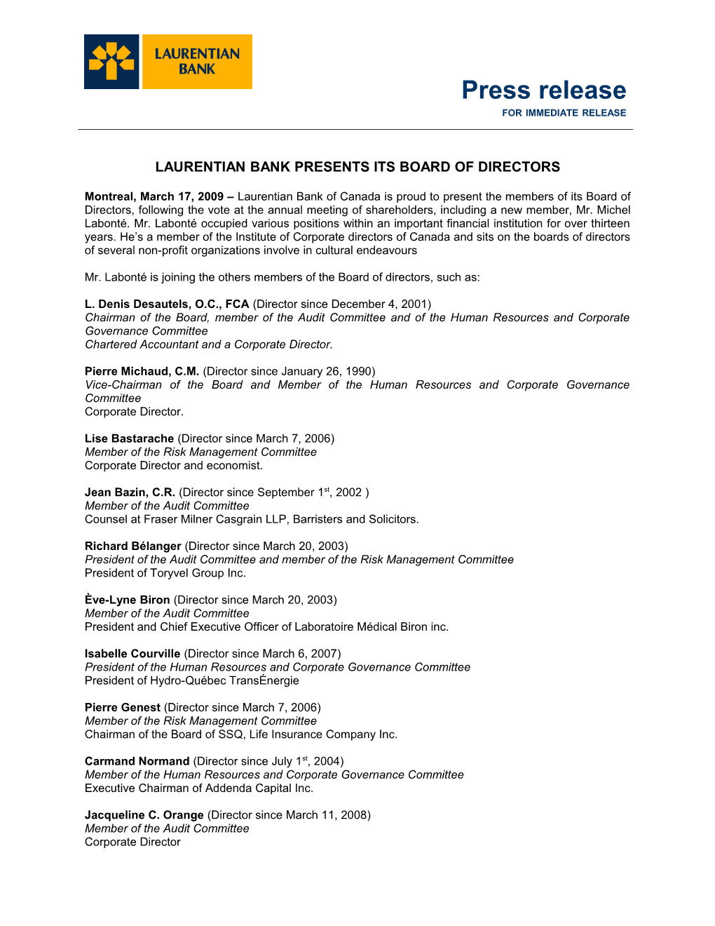 Laurentian Bank Presents Its Board of Directors