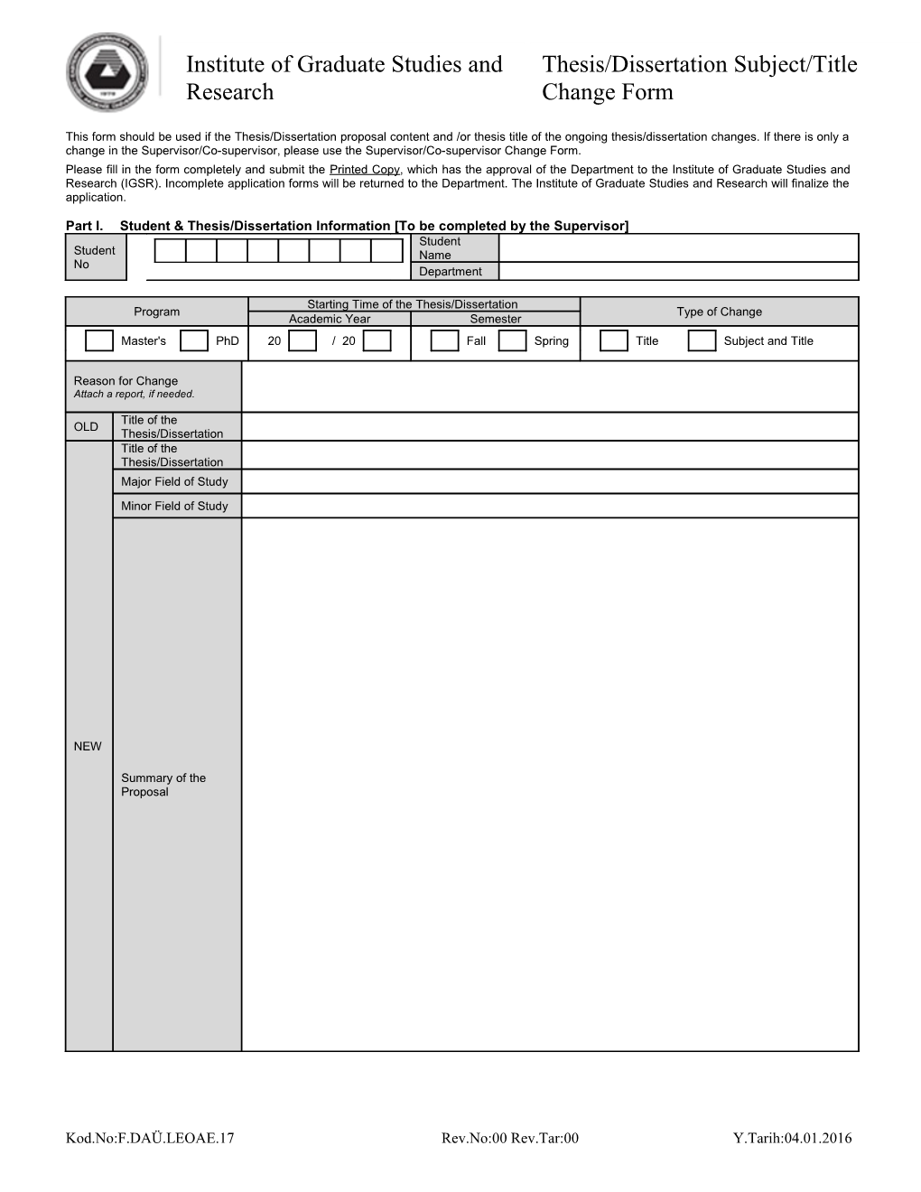 Thesis/Dissertation Project Change and New Supervisor Appointment Form