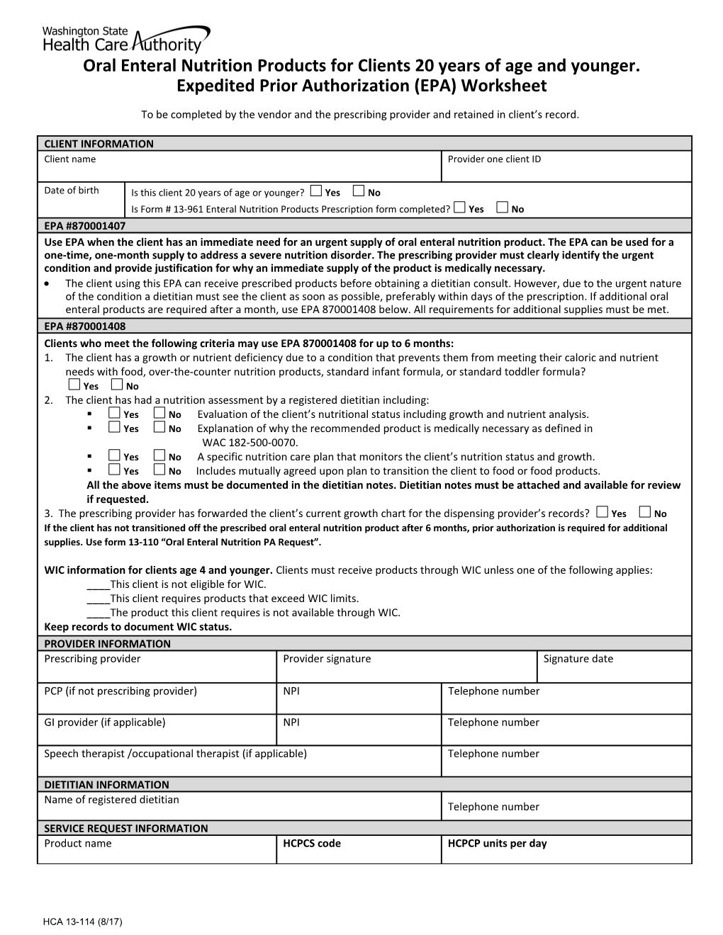 Oral Enteral Nutrition Products for Clients 20 Years of Age and Younger