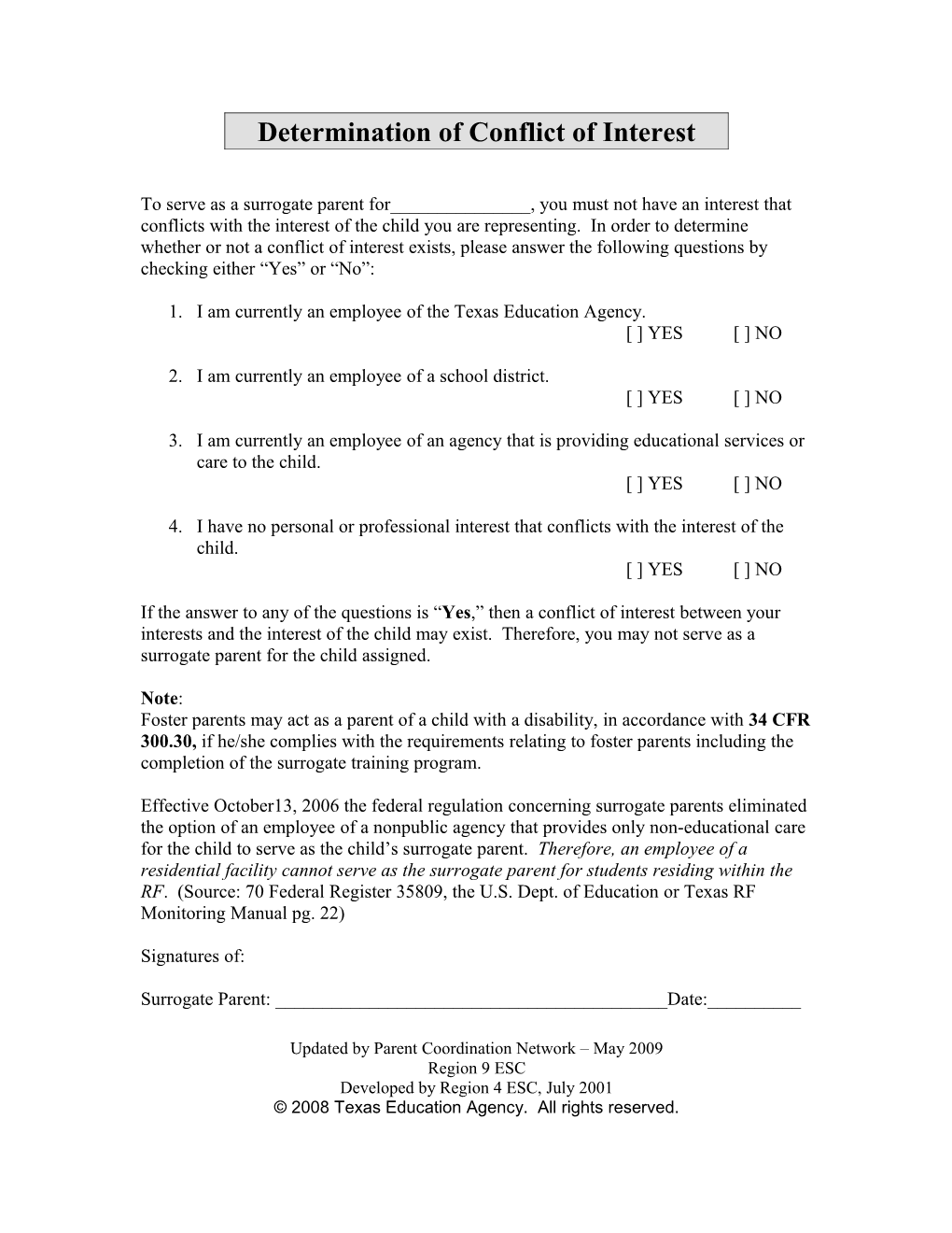 Determination of Conflict of Interest