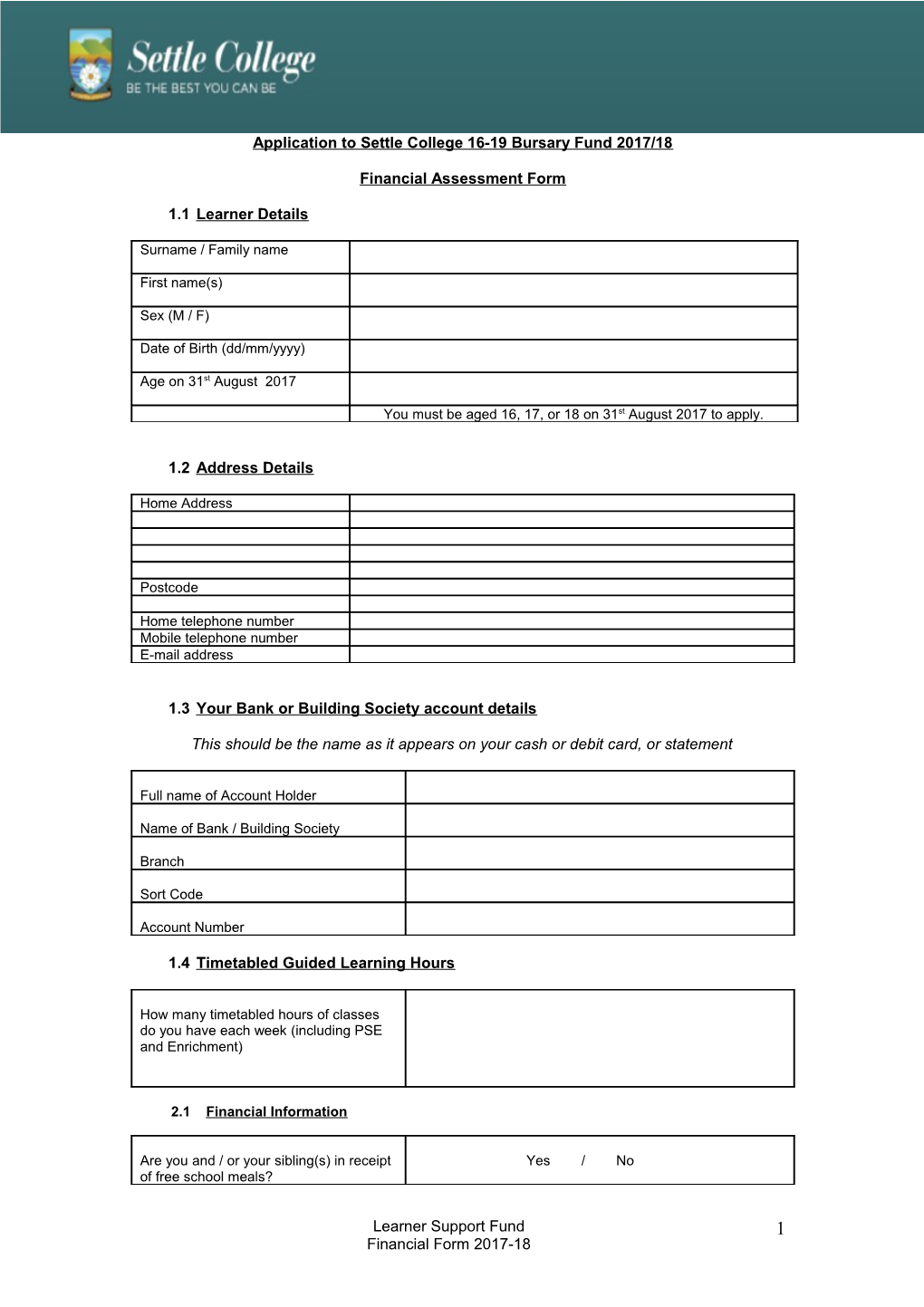 Proposed Application Form for Learner Support Fund 2011/12